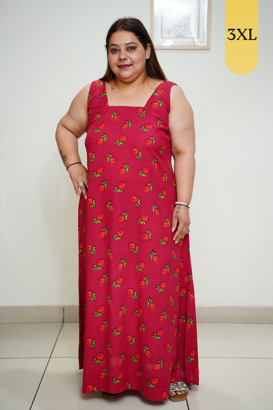 Cherry Red Rayon Night Gown With Pocket
