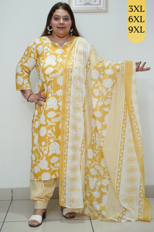 Yellow Floral Cotton Straight Cut Suit Set