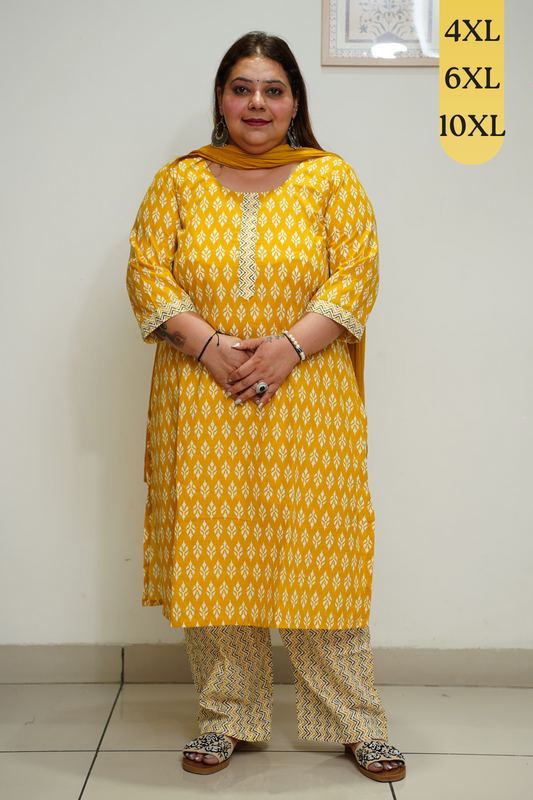 Yellow Cotton Straight Cut Suit Set