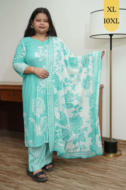 Sky Blue Floral Cotton Suit Set