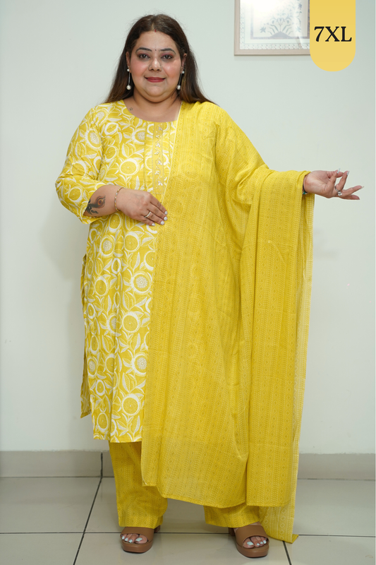 Yellow Floral Cotton Suit Set