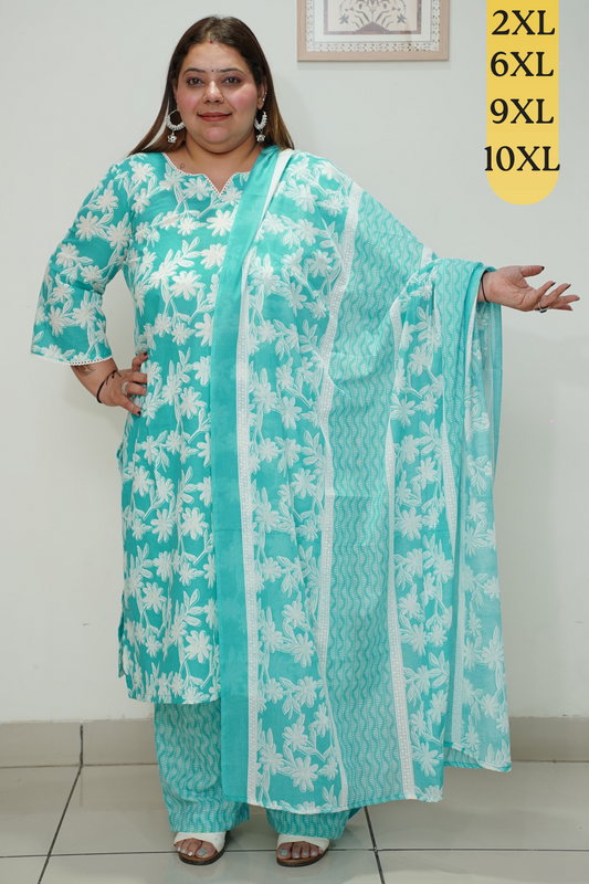 Sky Floral Straight Cut Cotton Suit Set
