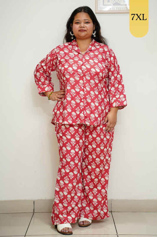 Red Floral Cotton Co-ord Set With Pockets