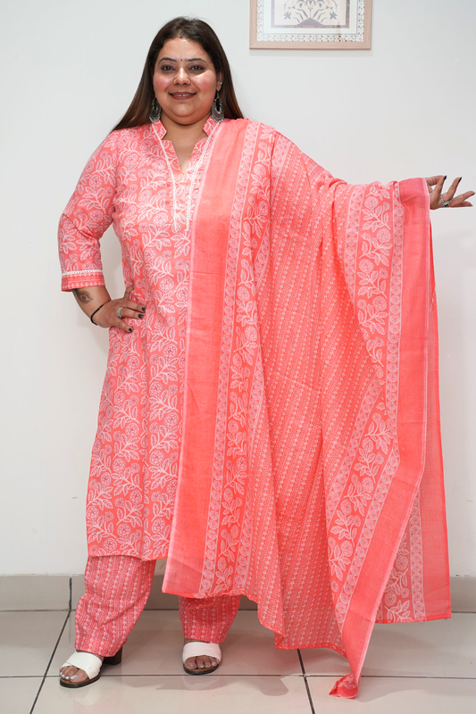 Rose Pink Floral Cotton Straight Cut Suit Set