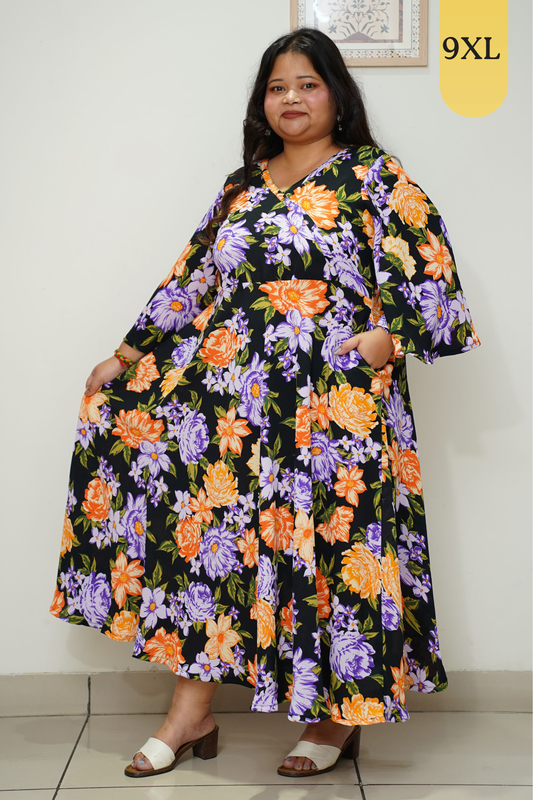 Black Floral Flared Maxi Dress with Pockets