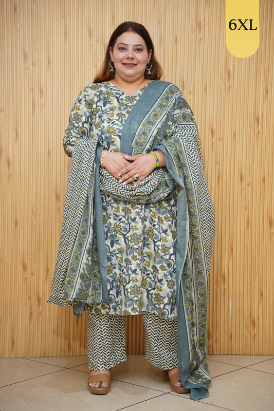 Smoky Grey Floral Cotton Suit Set