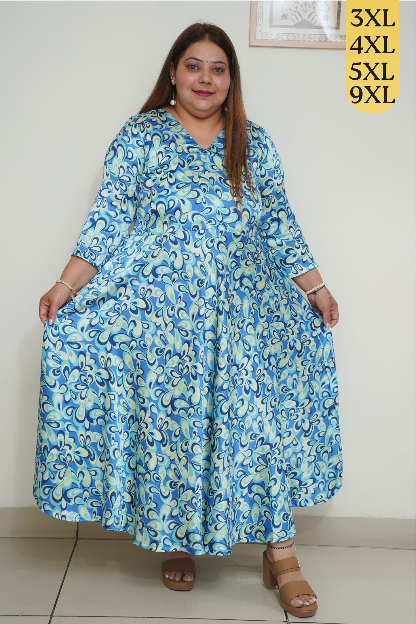 Blue Digital Printed Flared Dress with Pockets