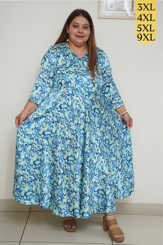 Blue Digital Printed Flared Dress with Pockets