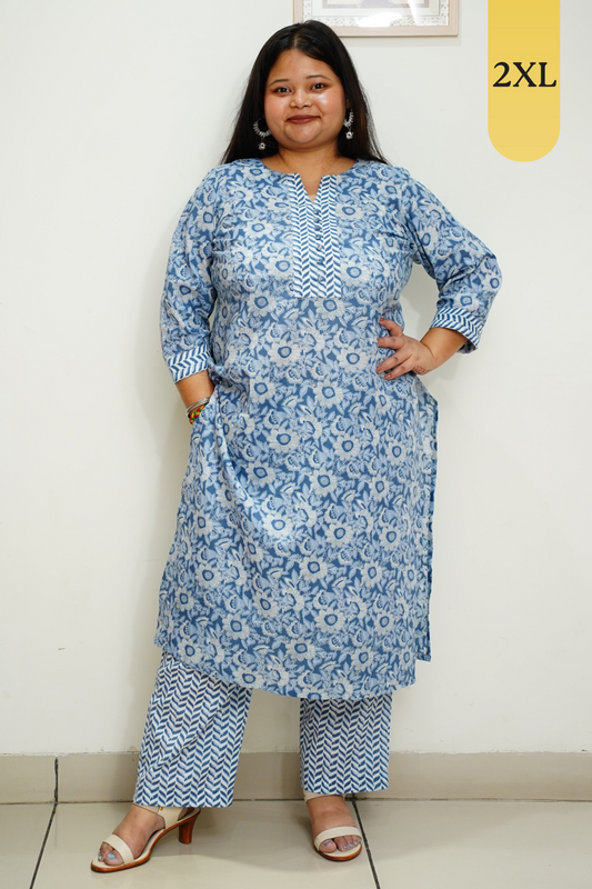Blue Floral Cotton Straight Cut Kurta Set
