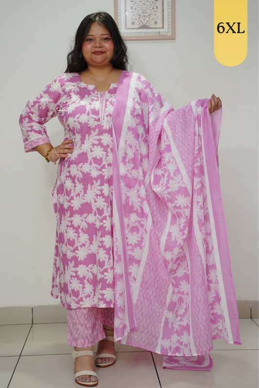 Lilac Floral Straight Cut Cotton Suit Set