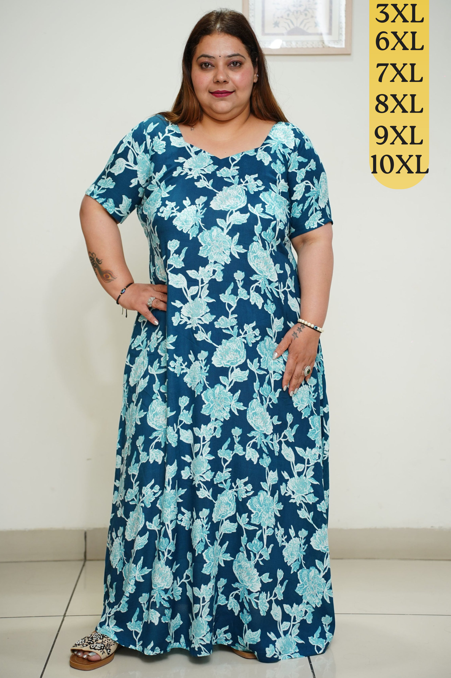 Peacock Floral Rayon Night Gown With Pocket