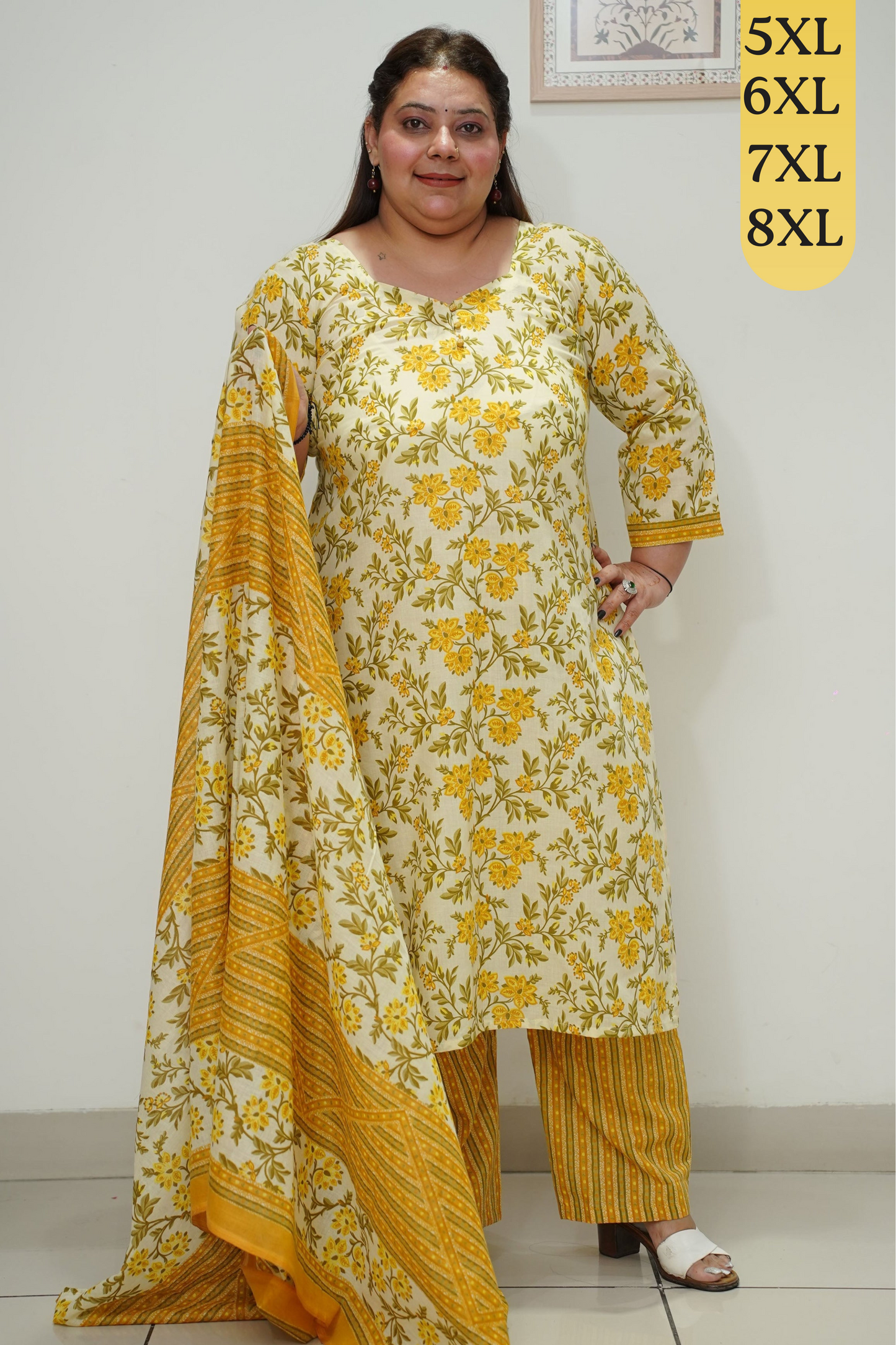 Yellow Printed Straight Cut Cotton Suit