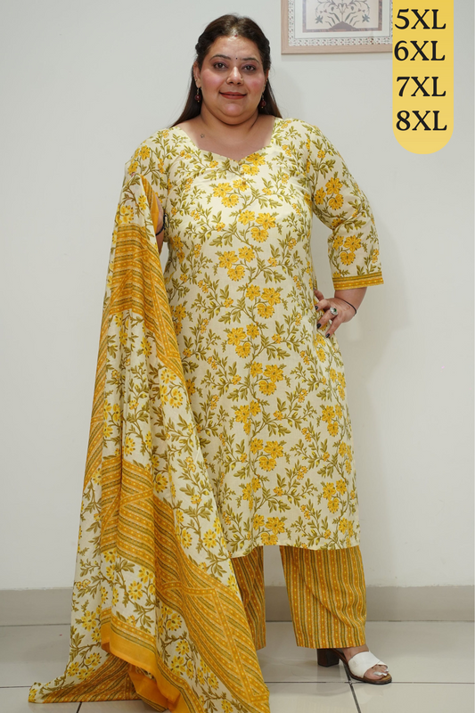 Yellow Printed Straight Cut Cotton Suit