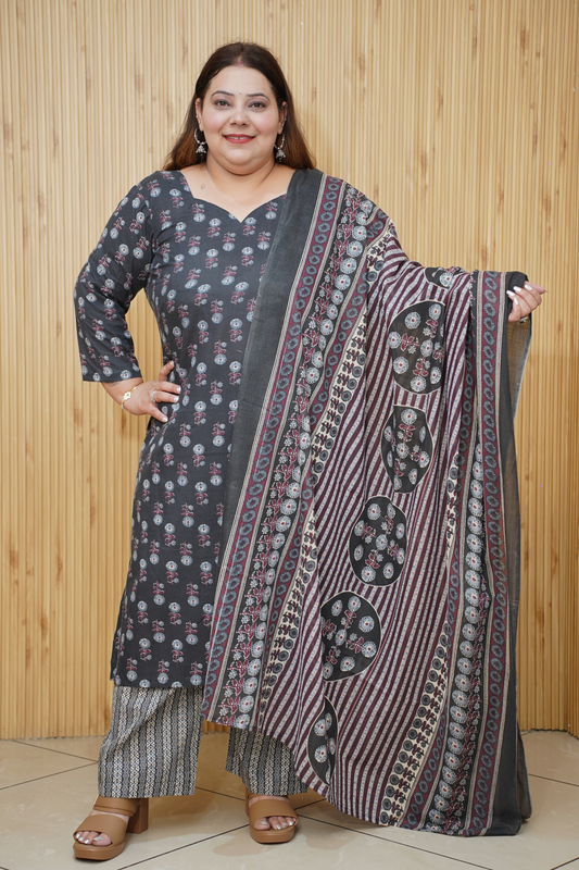 Charcoal Printed Cotton Suit Set
