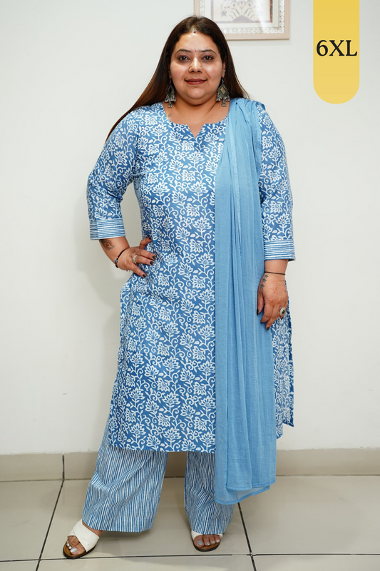 Blue Printed Cotton Straight Cut Suit Set