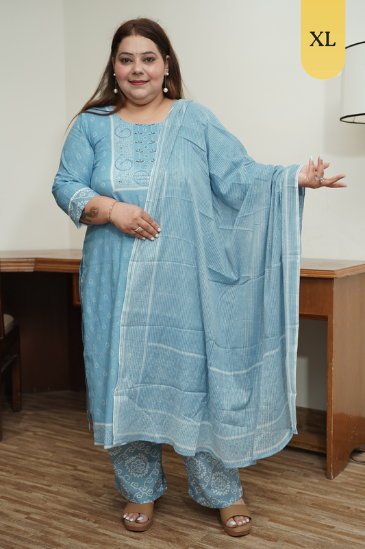 Sky Blue Block Print Suit Set