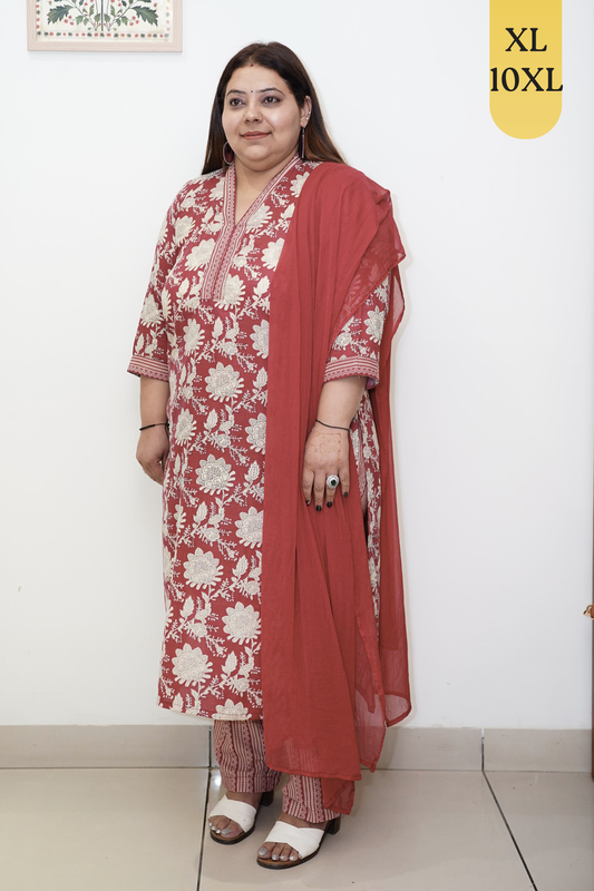 Rust Floral Cotton Suit Set with Mandarin Neck