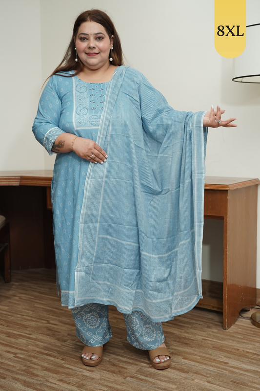 Sky Blue Block Print Suit Set