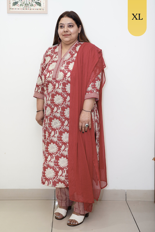 Rust Floral Cotton Suit Set with Mandarin Neck