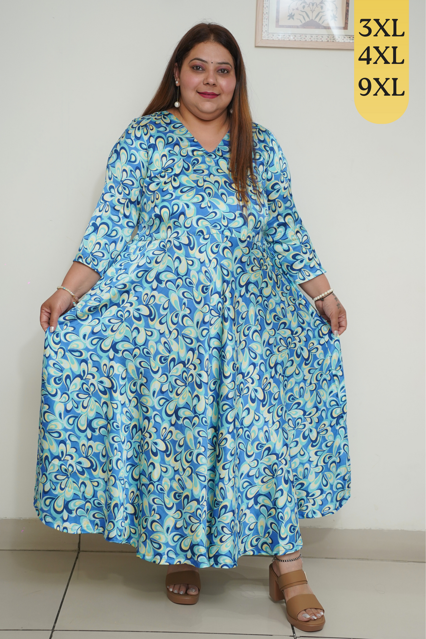 Blue Digital Printed Flared Dress with Pockets