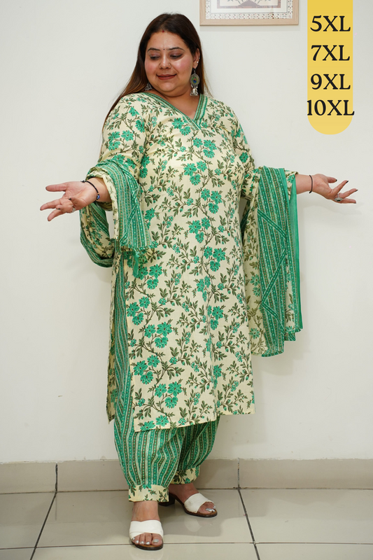 Green Cotton Floral Afghani Salwar Suit