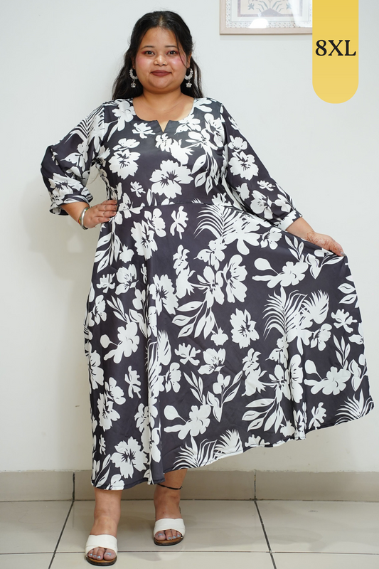 Black Floral Flared Calf Dress With Pockets