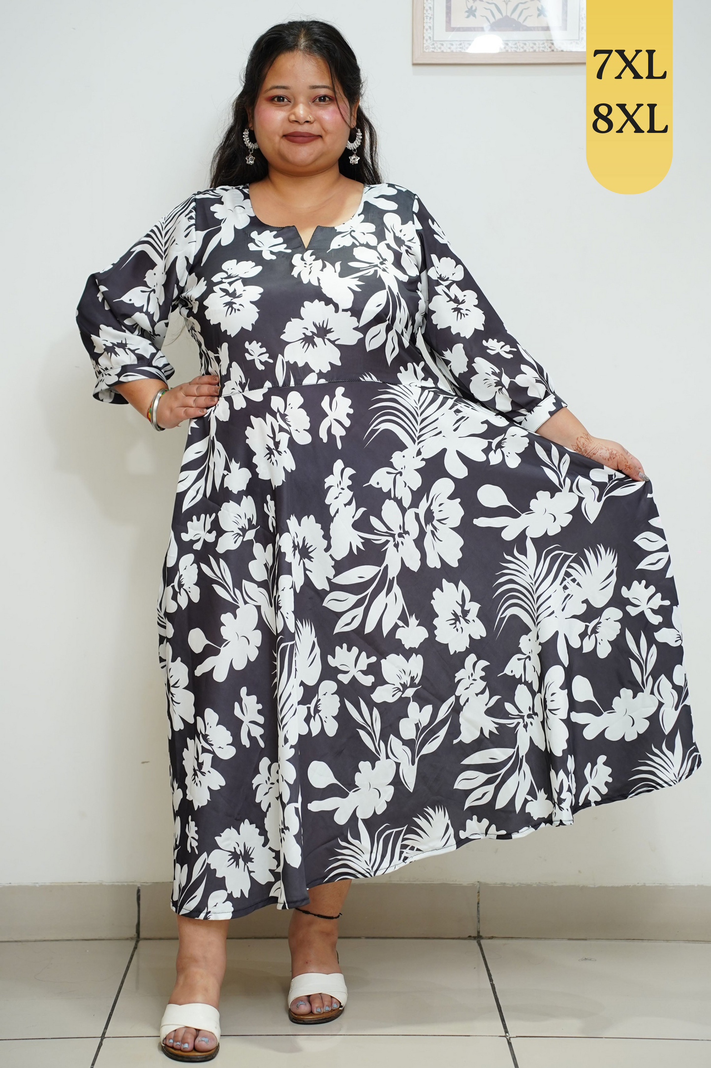 Black Floral Flared Calf Dress With Pockets