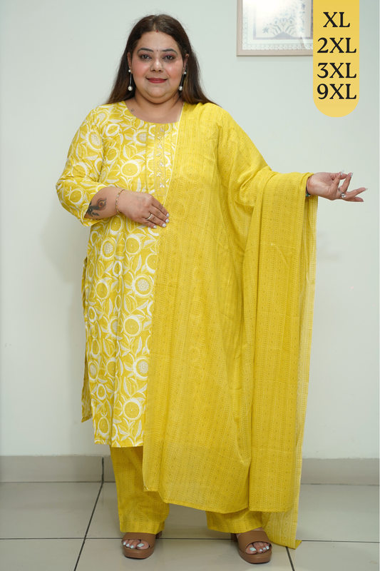 Yellow Floral Cotton Suit Set