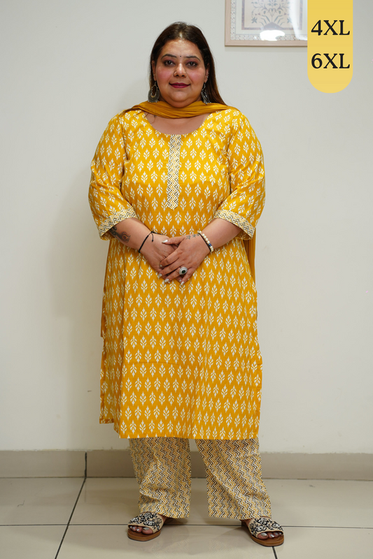 Yellow Cotton Straight Cut Suit Set
