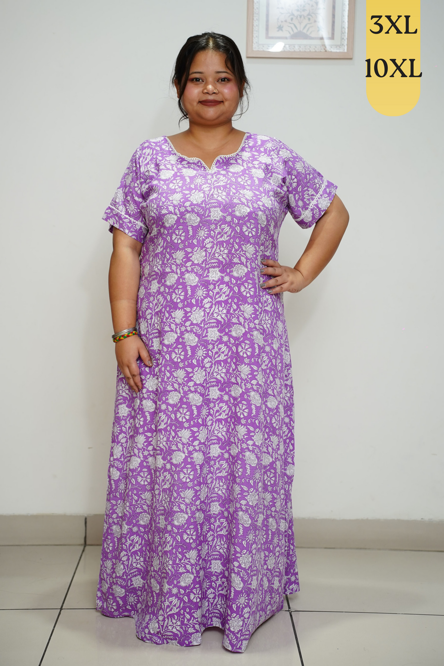 Mauve Printed Rayon Night Gown With Pocket