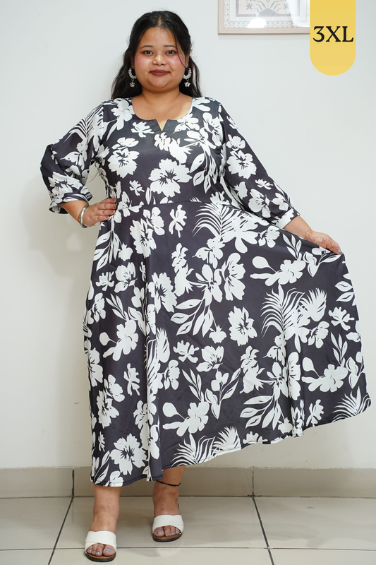 Black Floral Flared Calf Dress With Pockets