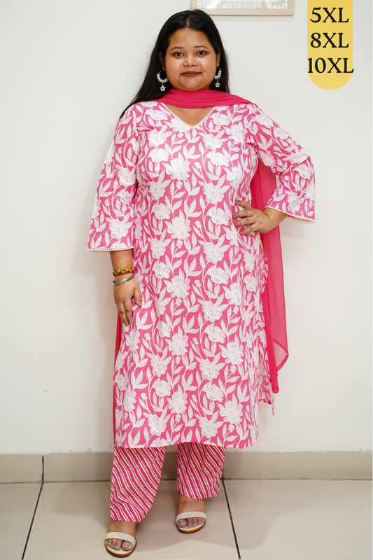 Pink Floral Cotton Straight Cut Suit Set