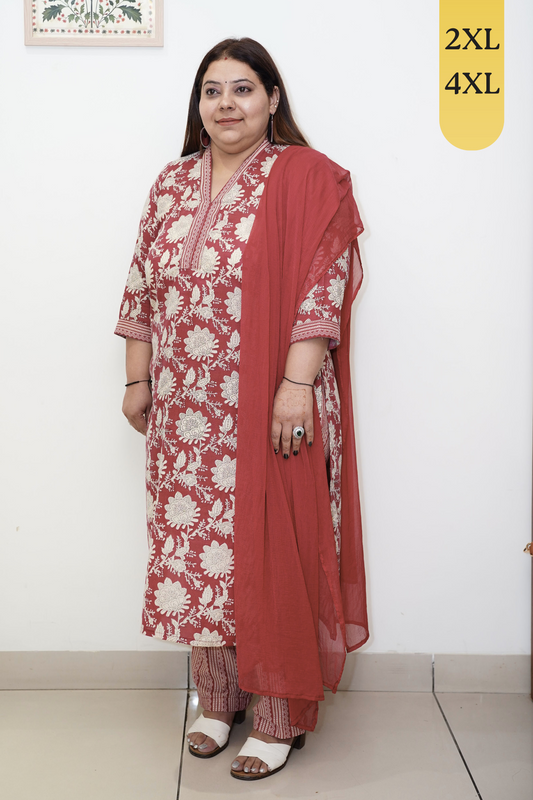 Rust Floral Cotton Suit Set with Mandarin Neck