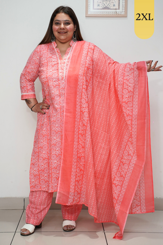 Rose Pink Floral Cotton Straight Cut Suit Set