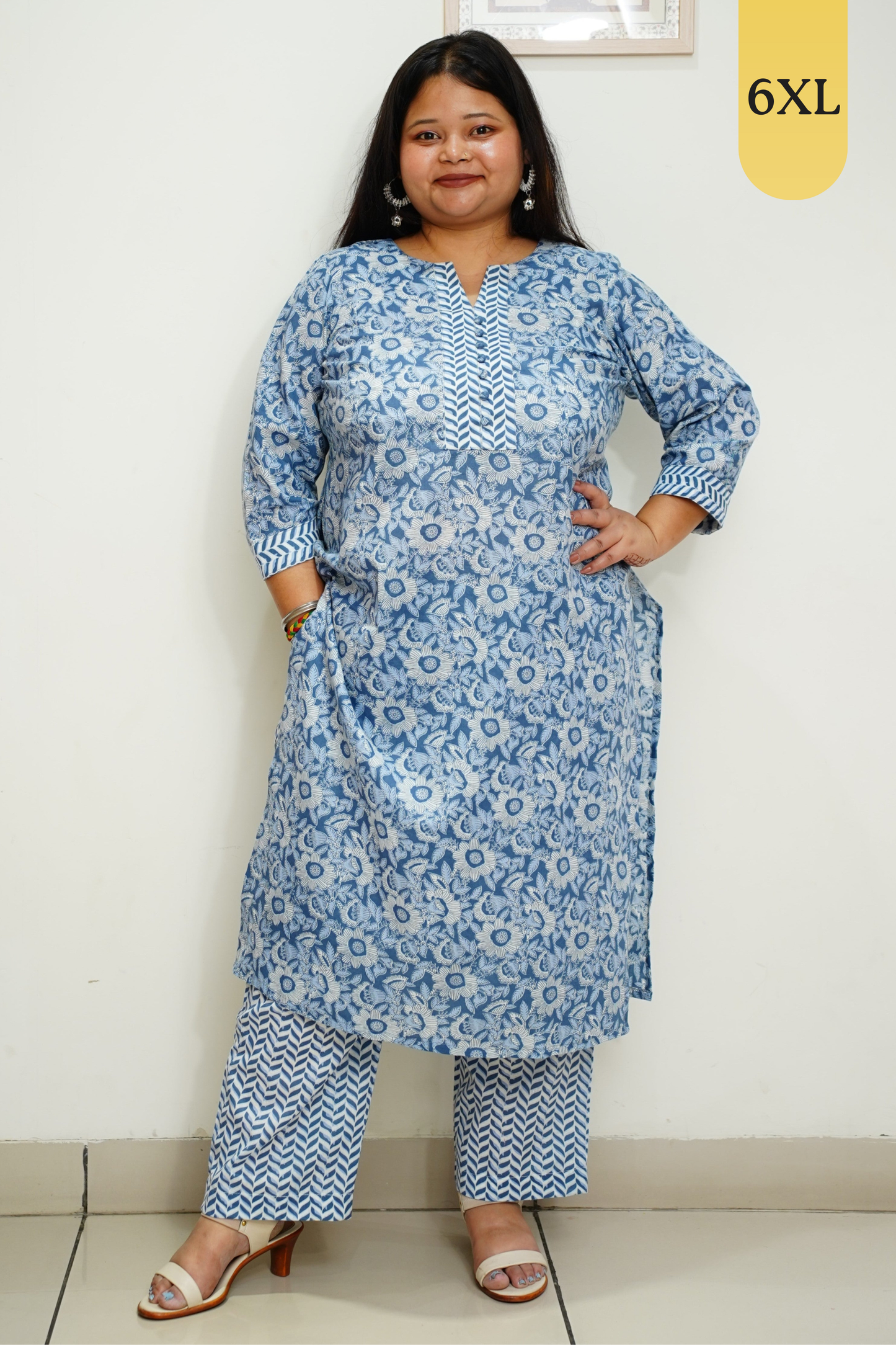 Blue Floral Cotton Straight Cut Kurta Set