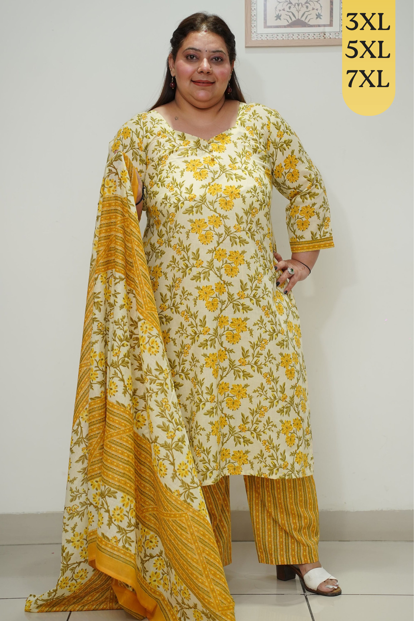 Yellow Printed Straight Cut Cotton Suit