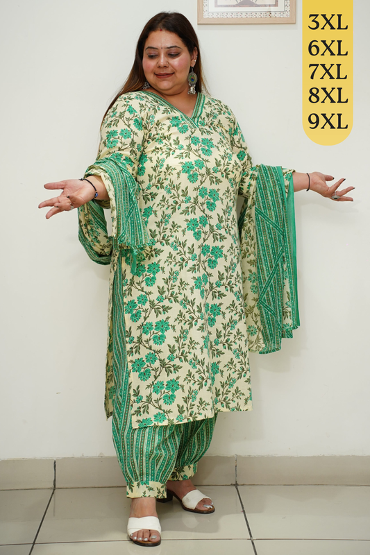 Green Cotton Floral Afghani Salwar Suit