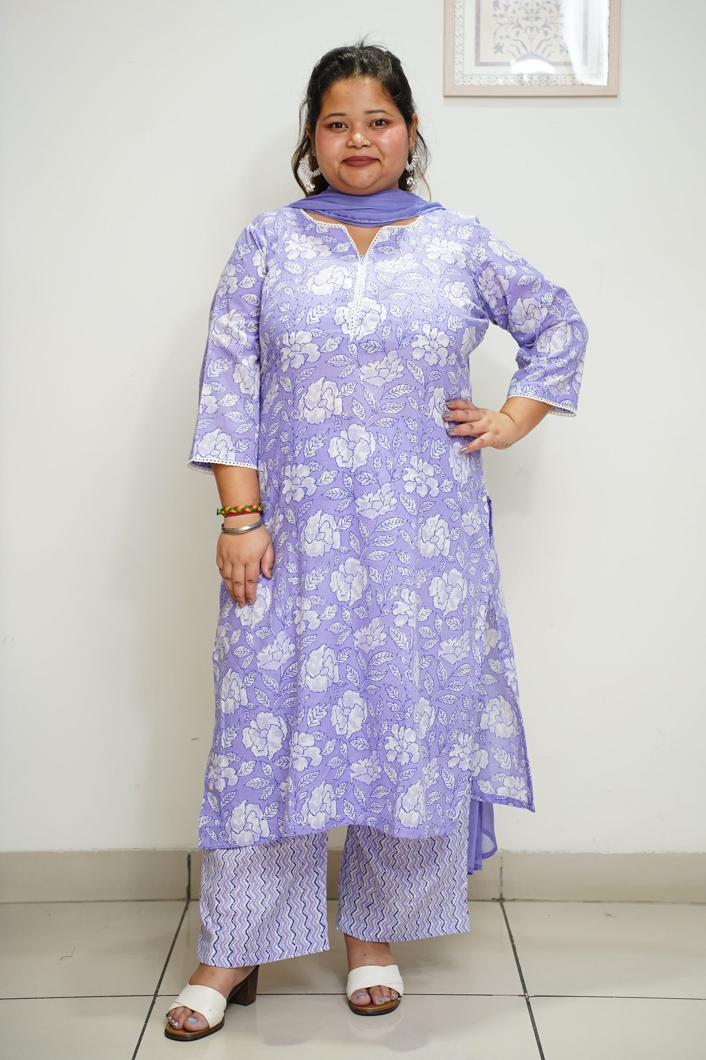 Lavender Floral Chiffon Dupatta Kurta Set