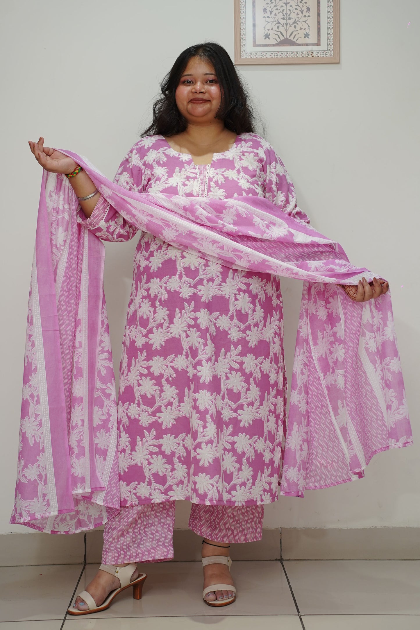 Women Plus Size Lilac Floral Straight Cut Cotton Suit Set