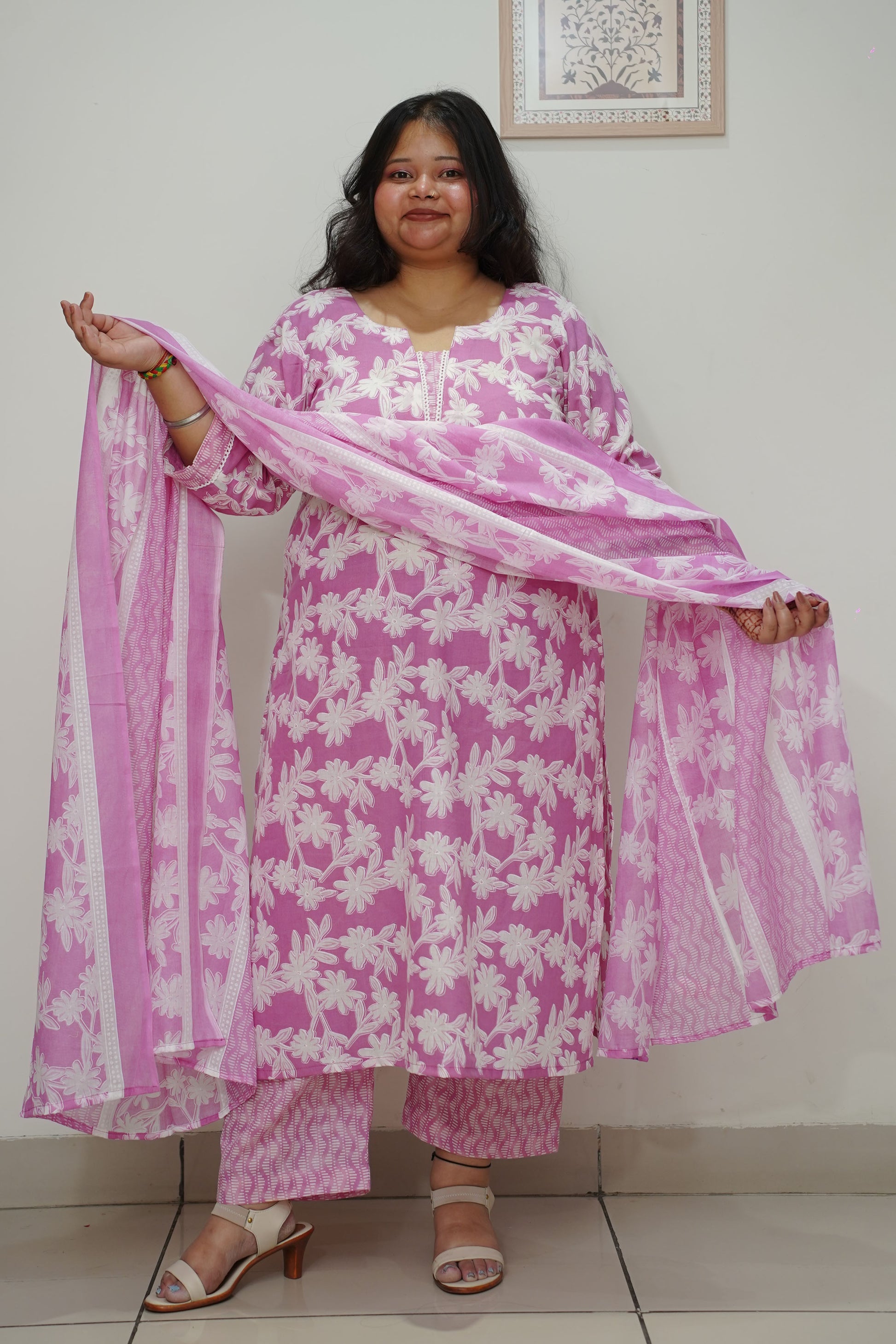 Women Plus Size Lilac Floral Straight Cut Cotton Suit Set