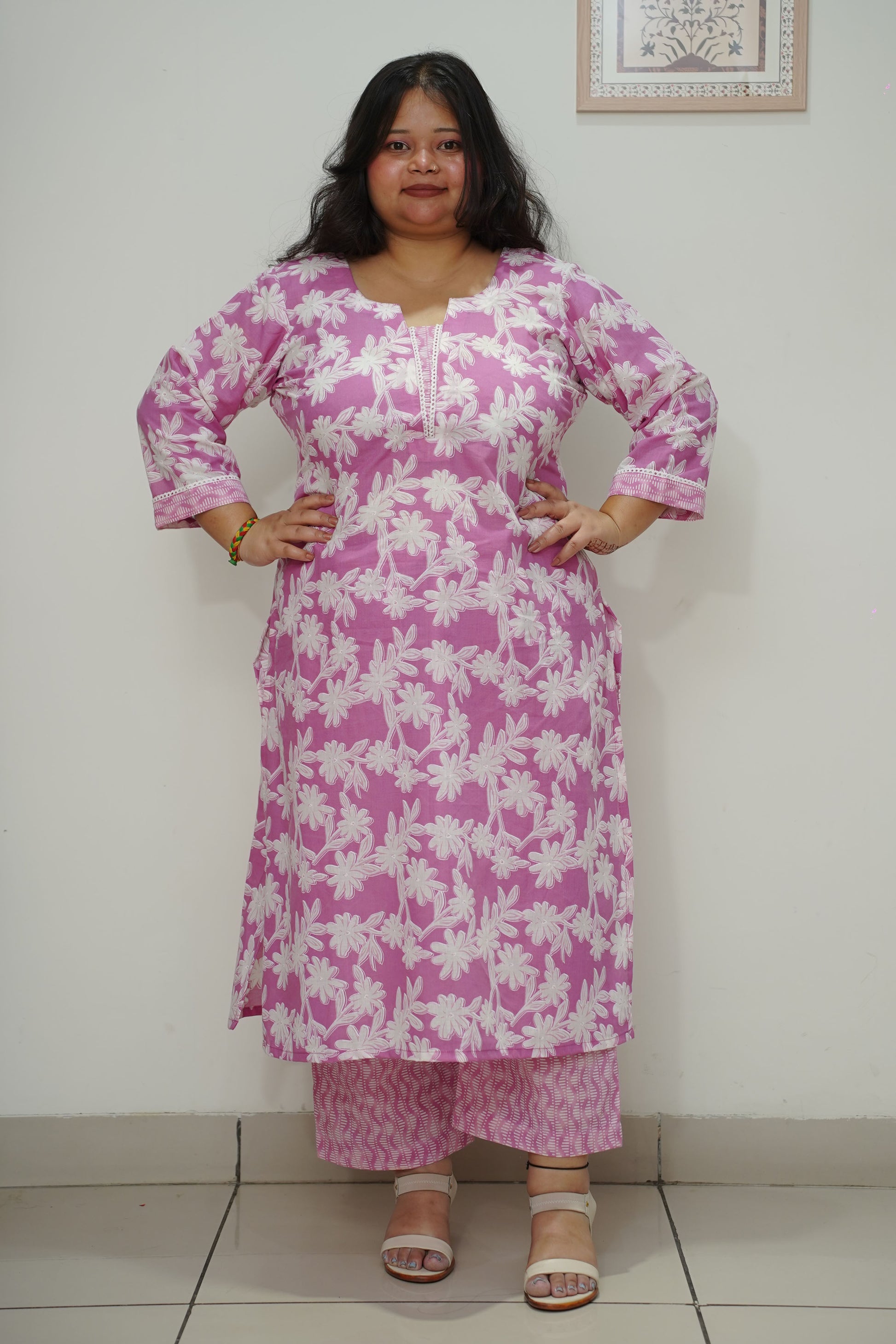 Women Plus Size Lilac Floral Straight Cut Cotton Suit Set
