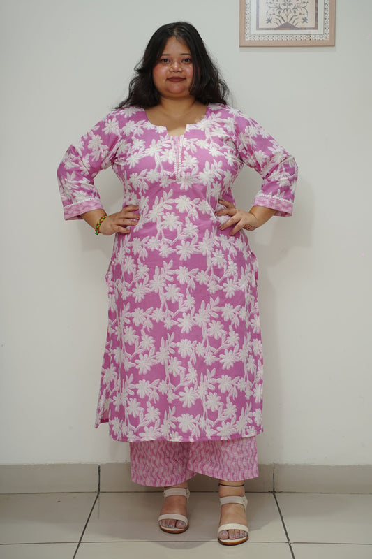 Women Plus Size Lilac Floral Straight Cut Cotton Suit Set