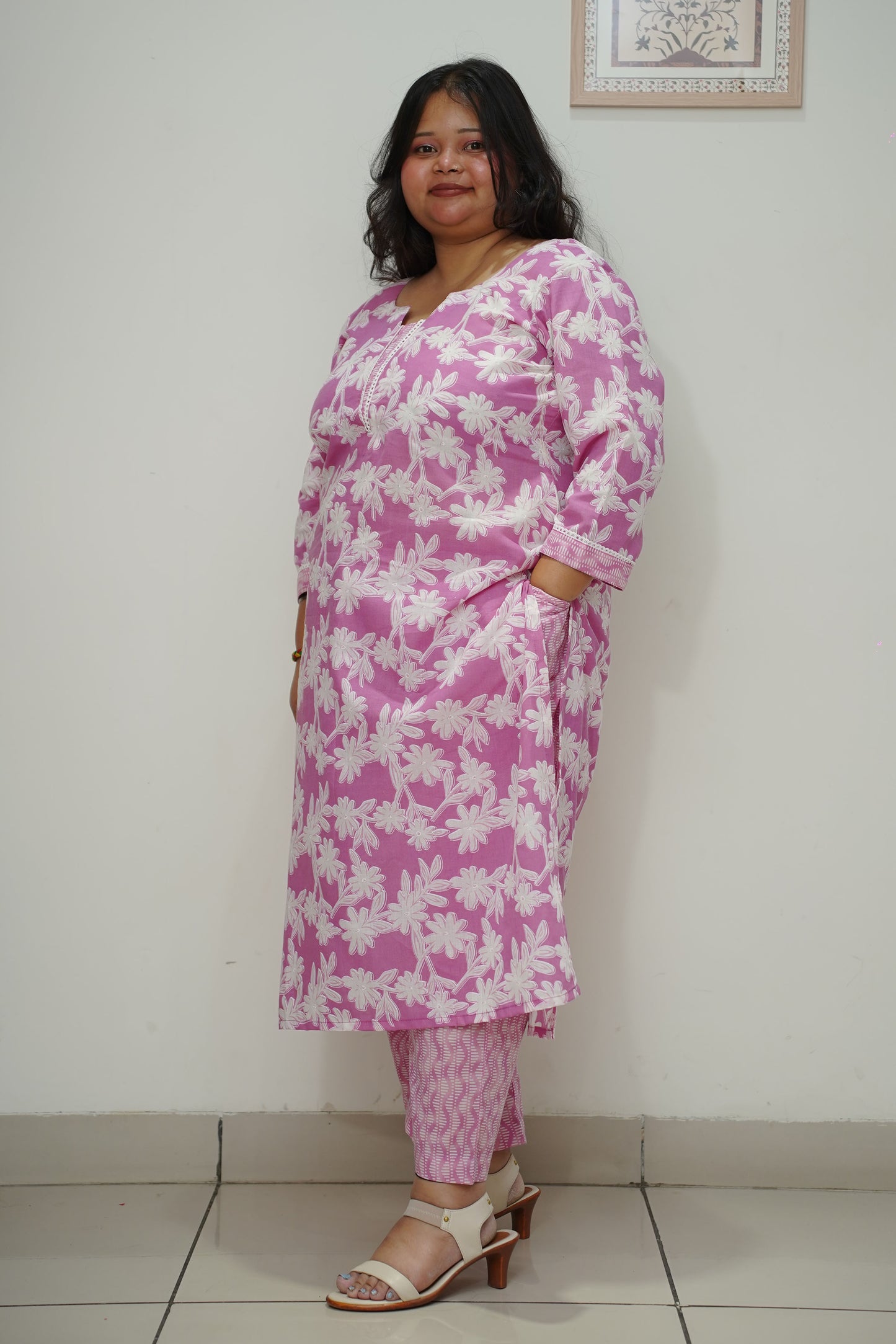 Women Plus Size Lilac Floral Straight Cut Cotton Suit Set