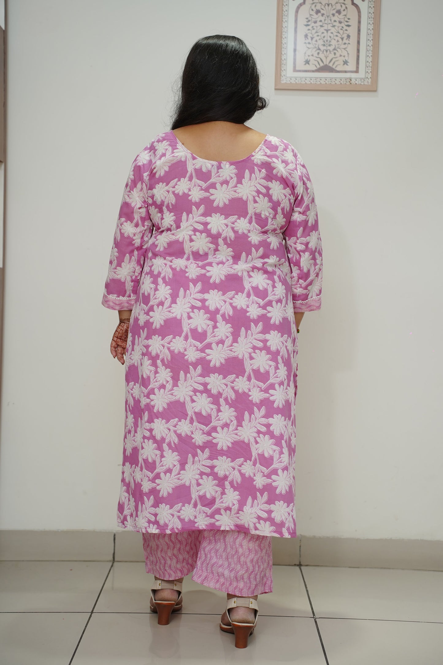 Women Plus Size Lilac Floral Straight Cut Cotton Suit Set