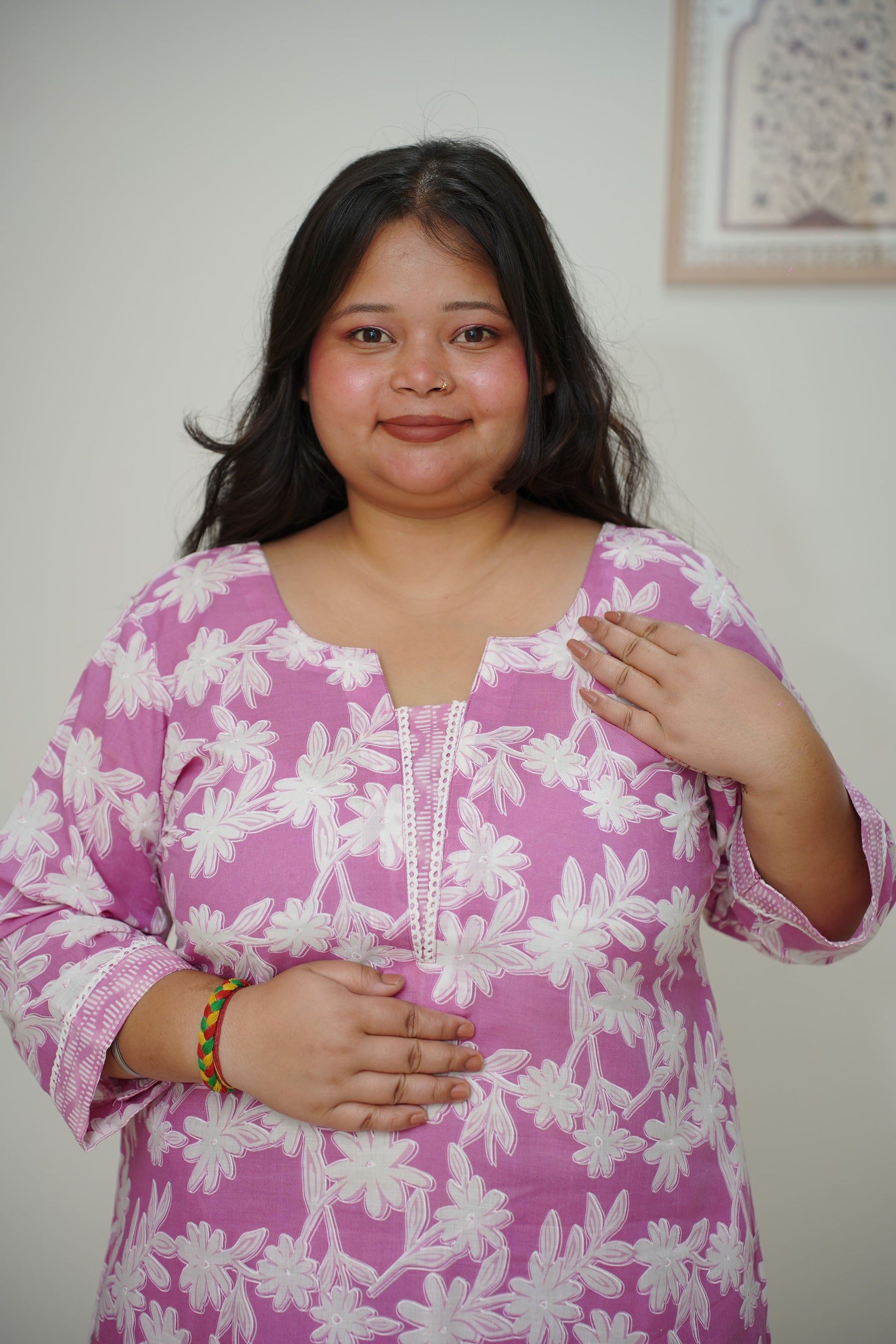 Women Plus Size Lilac Floral Straight Cut Cotton Suit Set