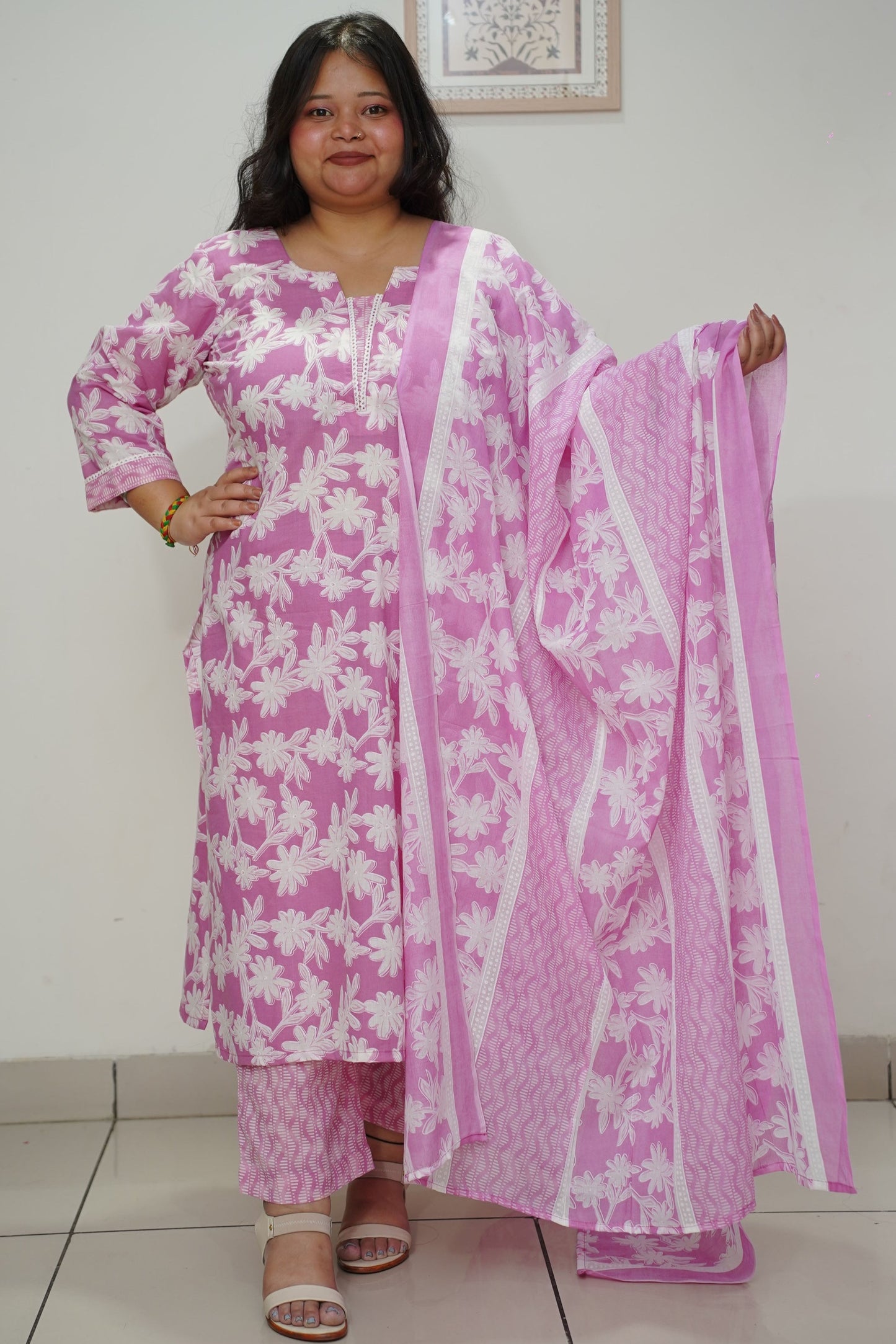 Women Plus Size Lilac Floral Straight Cut Cotton Suit Set
