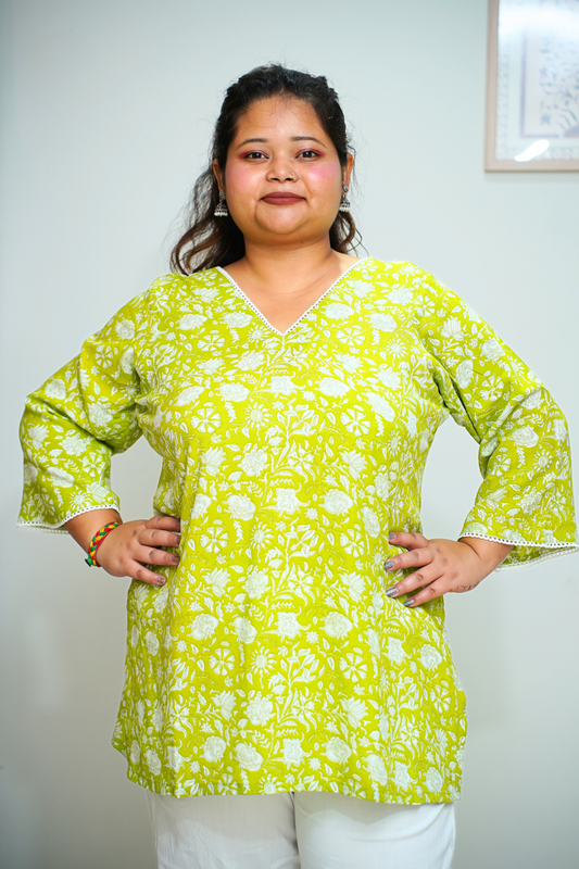 Women Plus Size Lime Printed Rayon Short Kurta