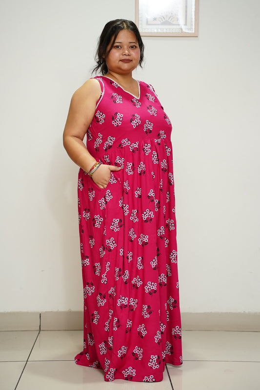 Women Plus Size Magenta Floral Rayon Night Gown 