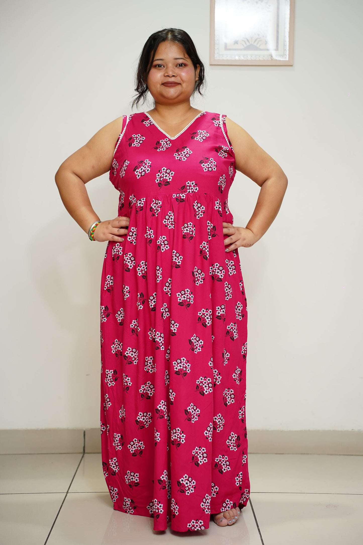 Women Plus Size Magenta Floral Rayon Night Gown 