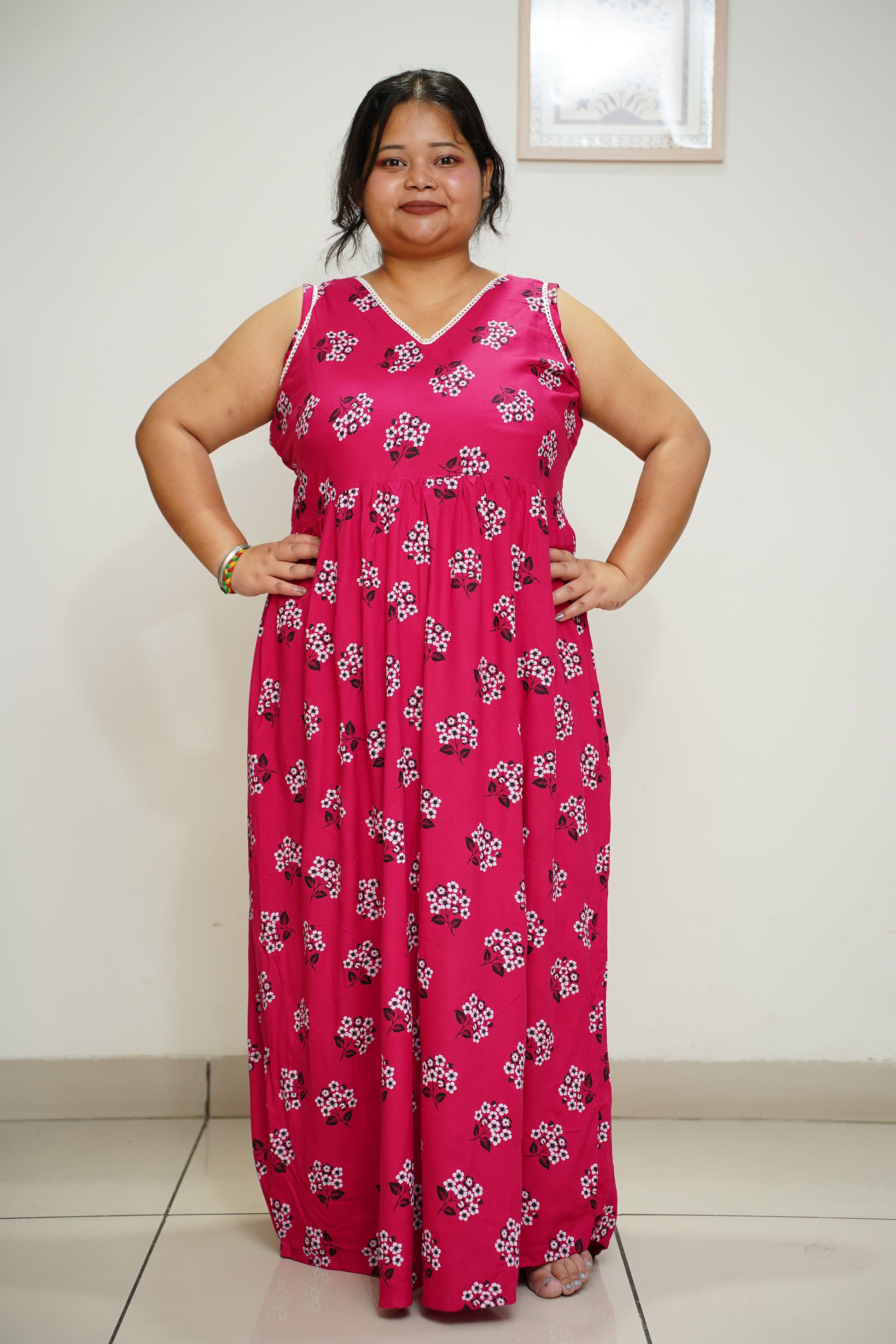 Women Plus Size Magenta Floral Rayon Night Gown 